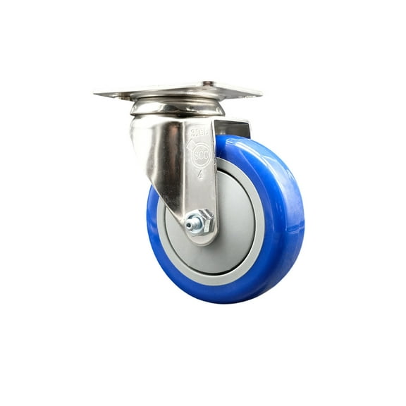 4 Inch 316SS Blue Polyurethane Wheel Swivel Top Plate Caster Service Caster