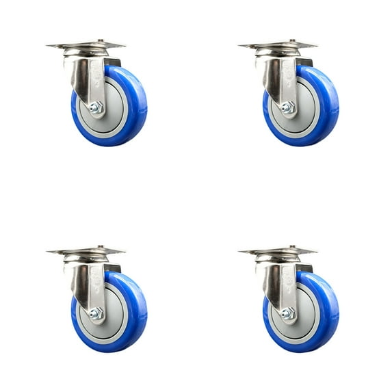 4 Inch 316SS Blue Polyurethane Wheel Swivel Top Plate Caster Set Service Caster