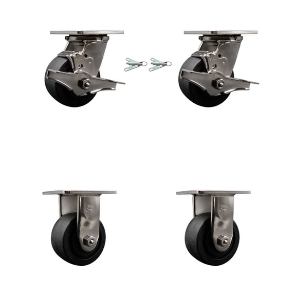 4 Inch 316SS Glass Filled Nylon Caster Set with 2 Brakes/Swivel Lock 2 Rigid SCC