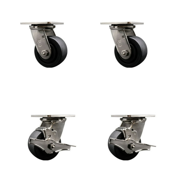 4 Inch 316SS Glass Filled Nylon Swivel Caster Set w/Roller Bearing 2 Brakes SCC