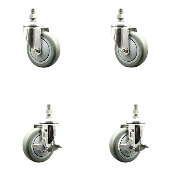 4 Inch 316SS Gray Polyurethane Swivel 12mm Threaded Stem Caster Set 2 Brake