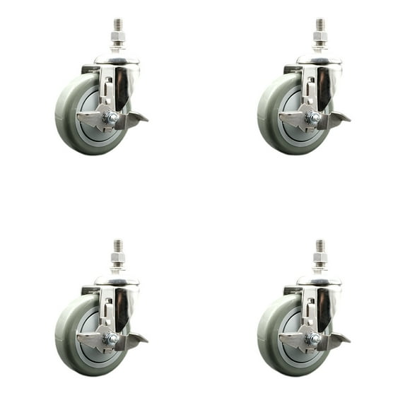 4 Inch 316SS Gray Polyurethane Swivel 3/8 Inch Threaded Stem Caster Set Brake