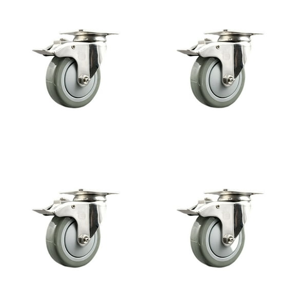 4 Inch 316SS Gray Polyurethane Swivel Top Plate Caster Set Total Lock Brake SCC