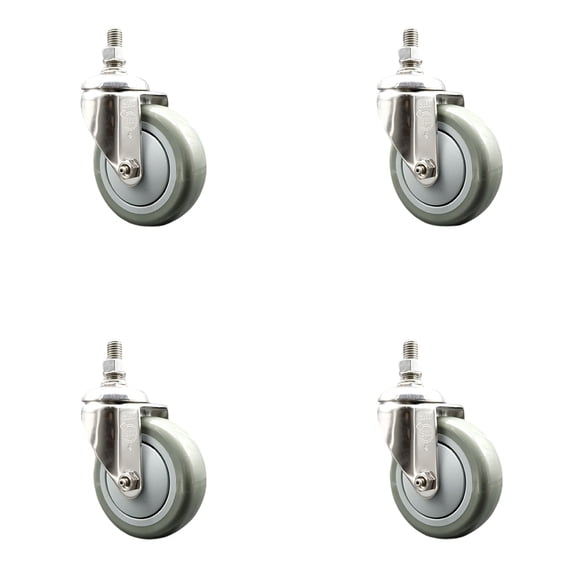 4 Inch 316SS Gray Polyurethane Wheel Swivel 3/8 Inch Threaded Stem Caster Set