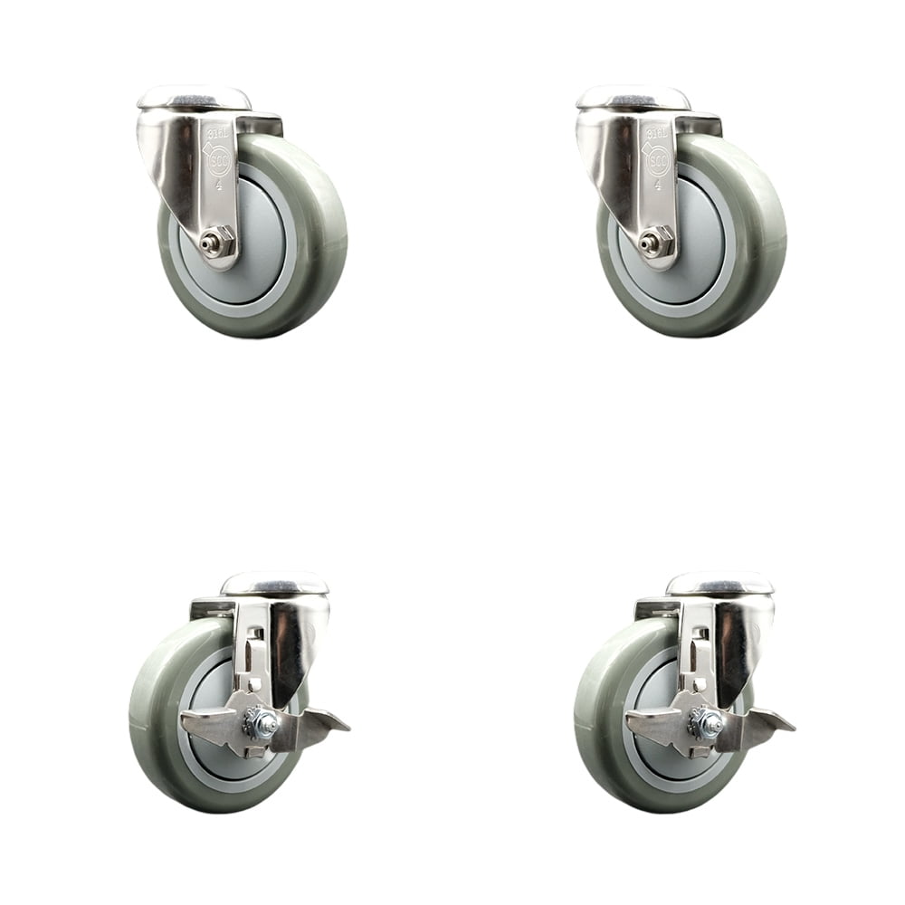 4 Inch 316SS Gray Polyurethane Wheel Swivel Bolt Hole Caster Set 2 ...
