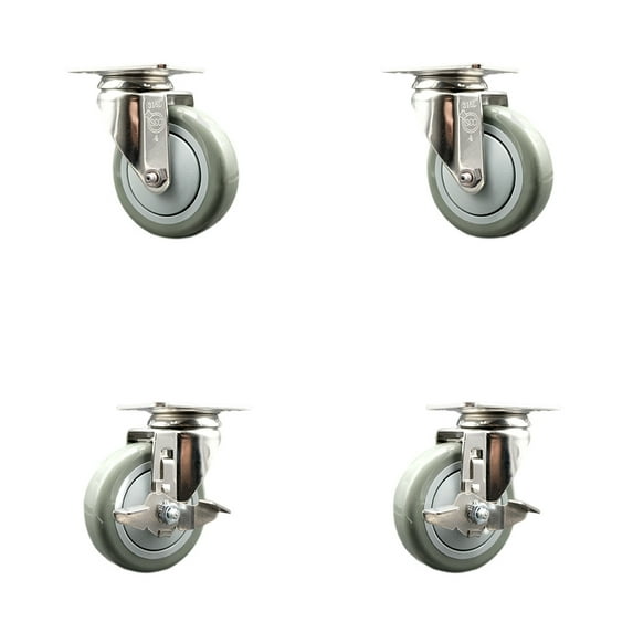 4 Inch 316SS Gray Polyurethane Wheel Swivel Top Plate Caster Set 2 Brakes SCC