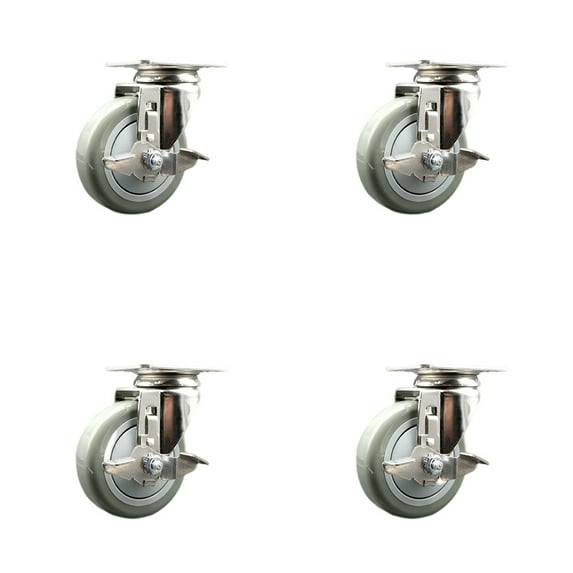 4 Inch 316SS Gray Polyurethane Wheel Swivel Top Plate Caster Set with Brake SCC