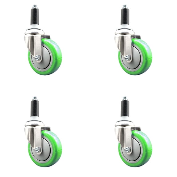4 Inch 316SS Green Polyurethane Swivel 1-1/8 Inch Expanding Stem Caster Set SCC