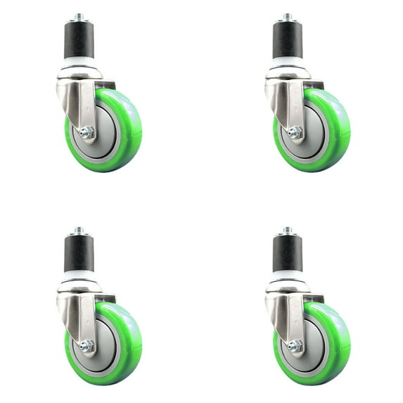 4 Inch 316SS Green Polyurethane Swivel 1-3/4 Inch Expanding Stem Caster Set SCC