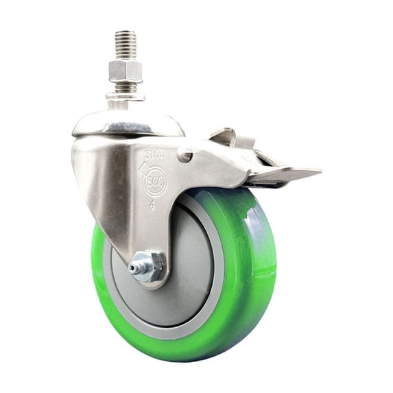 4 Inch 316SS Green Polyurethane Swivel 12mm Stem Caster Total Lock Brake SCC
