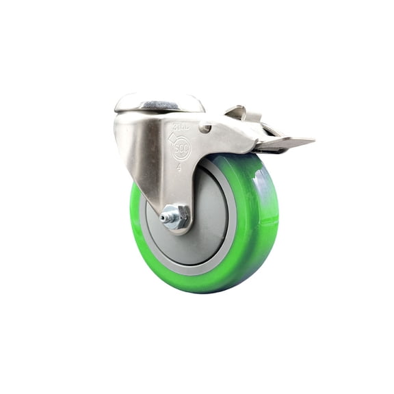 4 Inch 316SS Green Polyurethane Swivel Bolt Hole Caster with Total Lock Brake