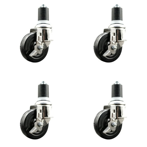 4 Inch 316SS Hard Rubber Swivel 1-3/4 Inch Expanding Stem Caster Set Brake SCC