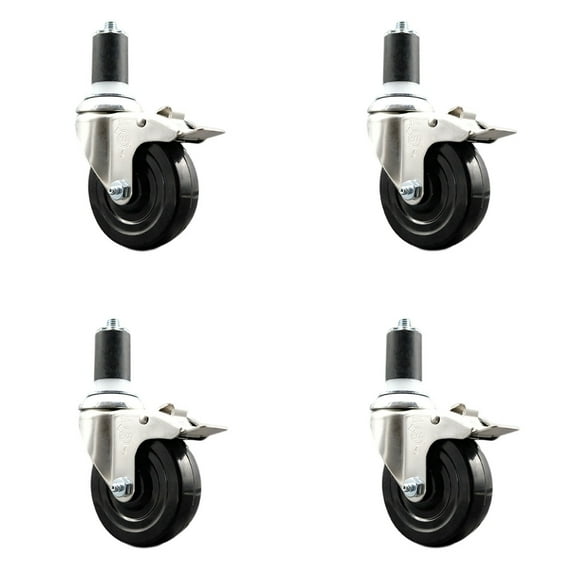 4 Inch 316SS Hard Rubber Wheel Swivel 1-5/8 Inch Stem Caster Set Lock Brake SCC