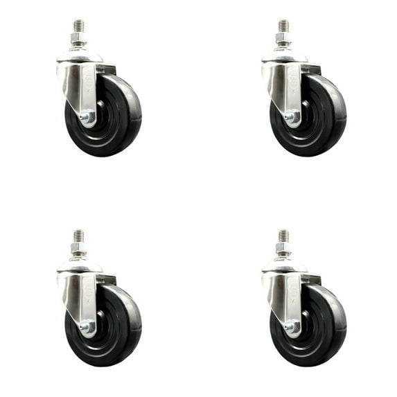 4 Inch 316SS Hard Rubber Wheel Swivel 3/8 Inch Threaded Stem Caster Set SCC