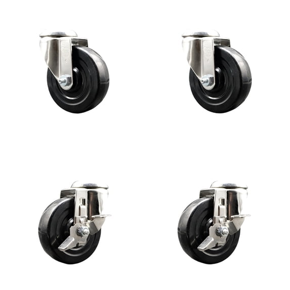 4 Inch 316SS Hard Rubber Wheel Swivel Bolt Hole Caster Set 2 Brakes SCC
