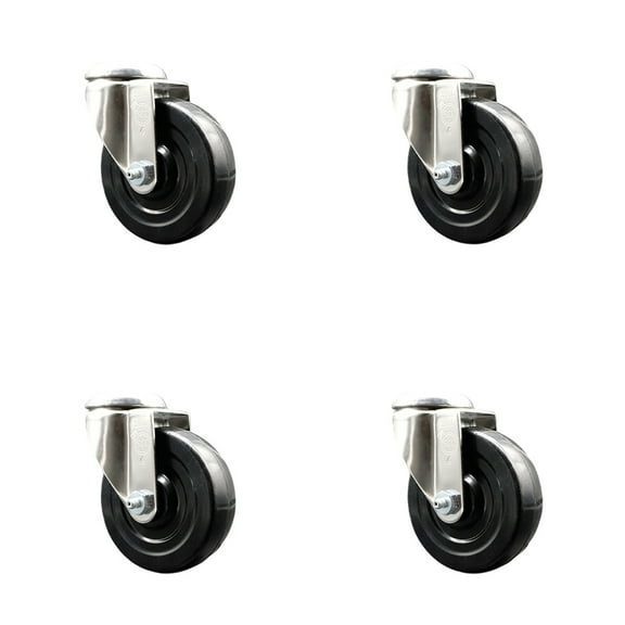 4 Inch 316SS Hard Rubber Wheel Swivel Bolt Hole Caster Set Service Caster