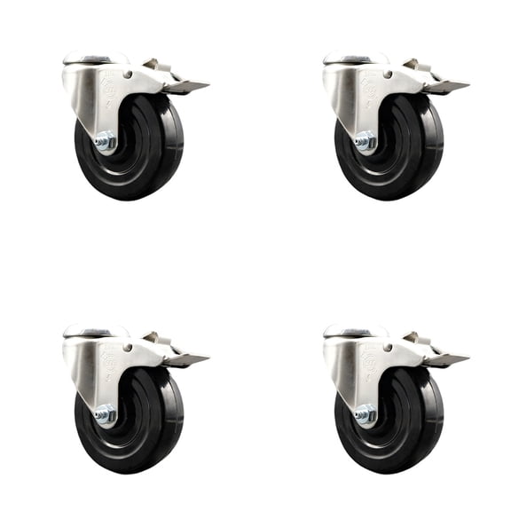 4 Inch 316SS Hard Rubber Wheel Swivel Bolt Hole Caster Set with Lock Brake SCC
