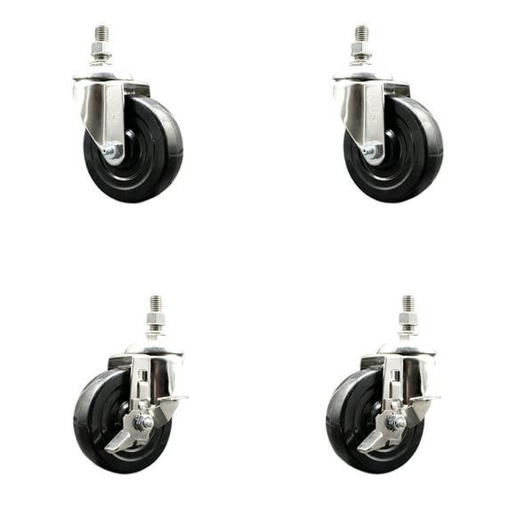 4 Inch 316SS Hard Rubber Wheel Swivel ½ Inch Threaded Stem Caster Set 2 Brakes