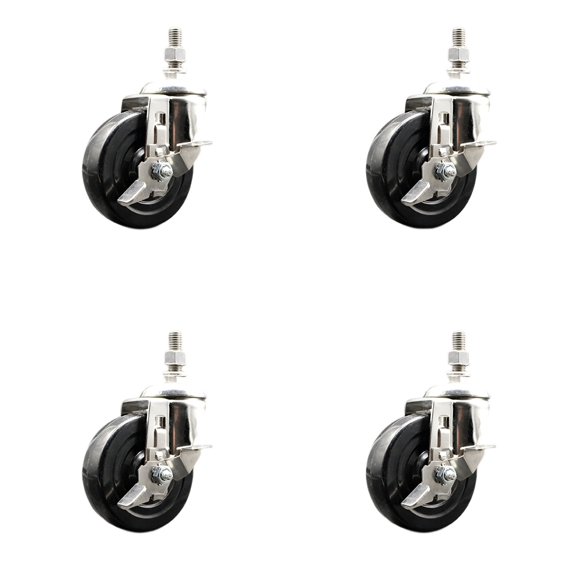 4 Inch 316SS Hard Rubber Wheel Swivel ½ Inch Threaded Stem Caster Set Brake SCC