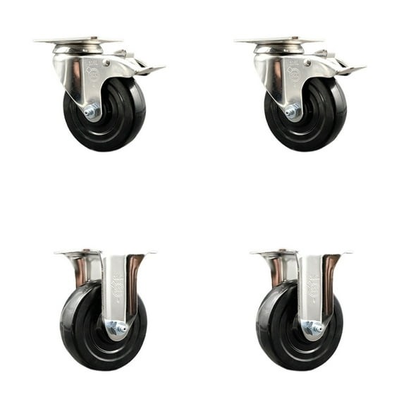 4 Inch 316SS Hard Rubber Wheel Swivel Top Plate Caster Set 2 Lock Brake 2 Rigid