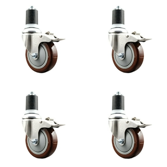 4 Inch 316SS Maroon Poly Swivel 1-7/8 Inch Expanding Stem Caster Set Lock Brake
