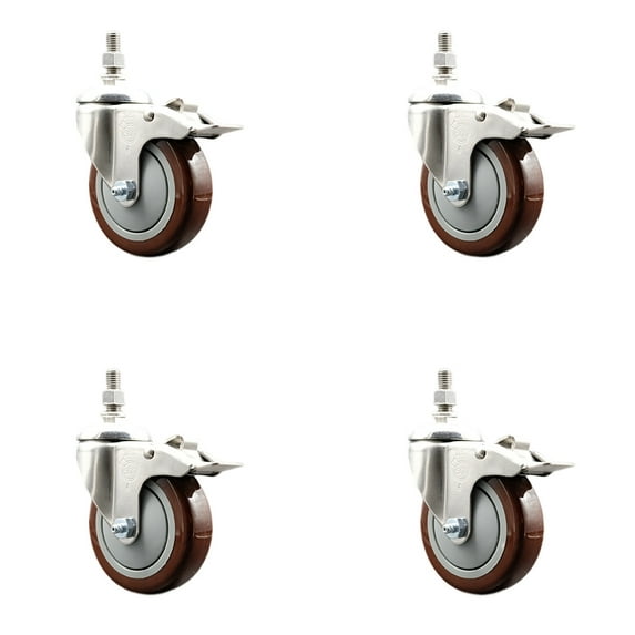 4 Inch 316SS Maroon Polyurethane Swivel 3/8 Inch Stem Caster Set Lock Brake SCC