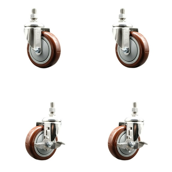 4 Inch 316SS Maroon Polyurethane Swivel ½ Inch Threaded Stem Caster Set 2 Brakes
