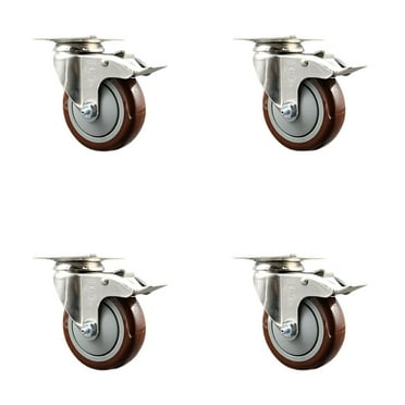 4 Inch 316SS Maroon Polyurethane Swivel Top Plate Caster Set Total Lock Brake