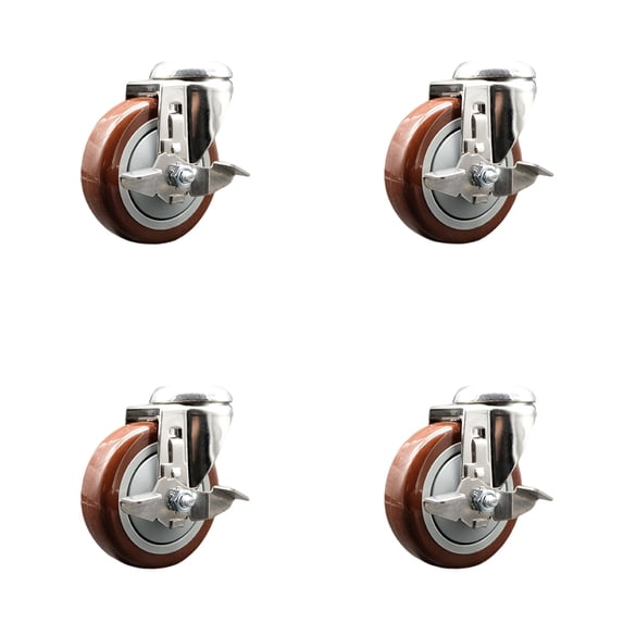 4 Inch 316SS Maroon Polyurethane Wheel Swivel Bolt Hole Caster Set with Brake
