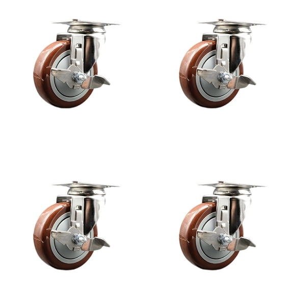 4 Inch 316SS Maroon Polyurethane Wheel Swivel Top Plate Caster Set with Brake