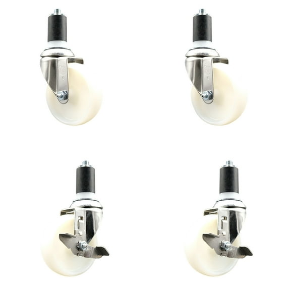 4 Inch 316SS Nylon Wheel Swivel 1-1/2 Inch Expanding Stem Caster Set 2 Brake SCC