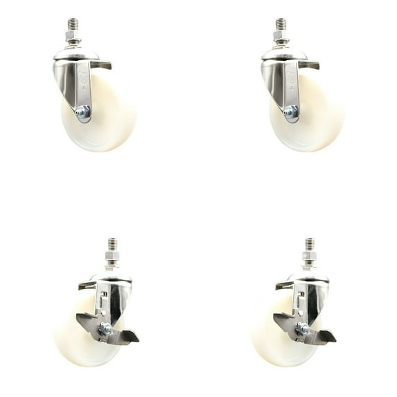 4 Inch 316SS Nylon Wheel Swivel 10mm Threaded Stem Caster Set 2 Brakes SCC