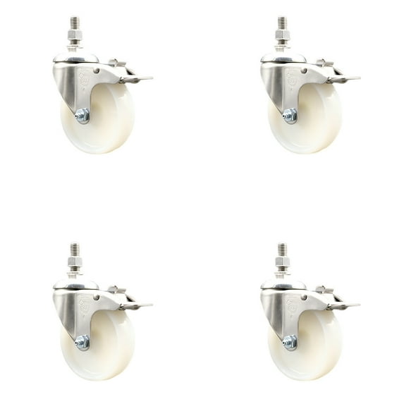 4 Inch 316SS Nylon Wheel Swivel 10mm Threaded Stem Caster Set Lock Brake SCC