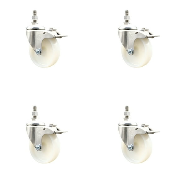 4 Inch 316SS Nylon Wheel Swivel 12mm Threaded Stem Caster Set Lock Brake SCC