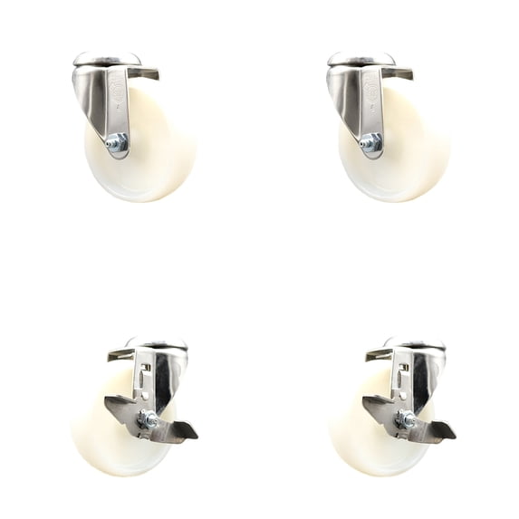 4 Inch 316SS Nylon Wheel Swivel Bolt Hole Caster Set 2 Brakes Service Caster