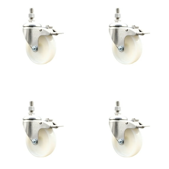 4 Inch 316SS Nylon Wheel Swivel ½ Inch Threaded Stem Caster Set Lock Brake SCC