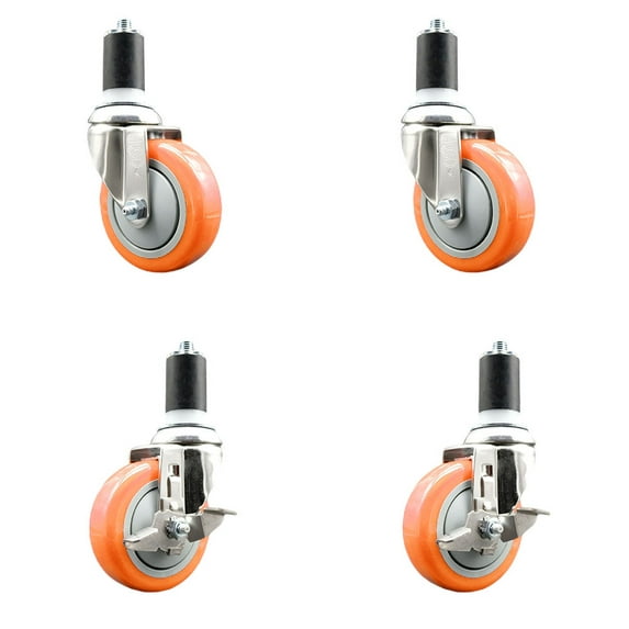 4 Inch 316SS Orange Poly Swivel 1-5/8 Inch Expanding Stem Caster Set 2 Brake SCC