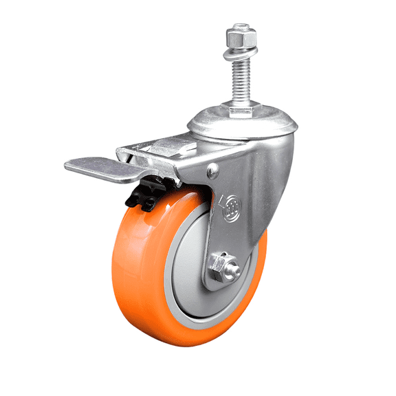 4 Inch 316SS Orange Polyurethane Swivel 3/8 Inch Stem Caster Total Lock Brake
