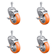 thumbnail image 1 of 4 Inch 316SS Orange Polyurethane Swivel 3/8 Inch Threaded Stem Caster Set Brake, 1 of 1