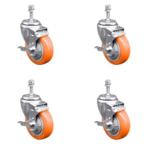 4 Inch 316SS Orange Polyurethane Swivel 3/8 Inch Threaded Stem Caster Set Brake