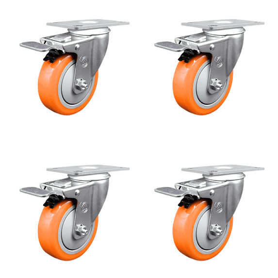 4 Inch 316SS Orange Polyurethane Swivel Top Plate Caster Set Total Lock Brake