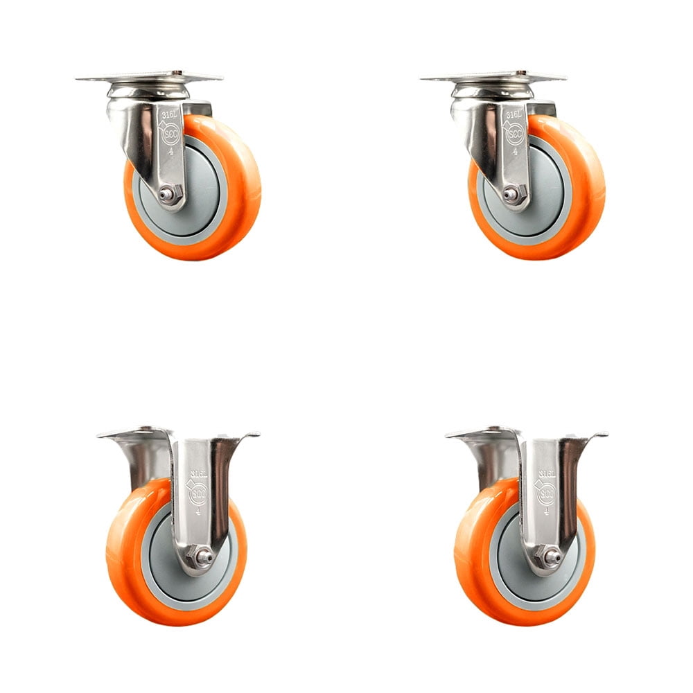 4 Inch 316SS Orange Polyurethane Wheel Swivel Top Plate Caster Set 2 ...