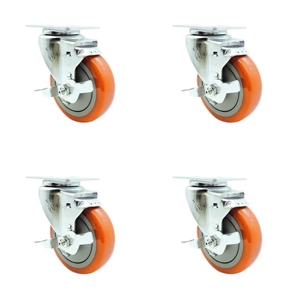 4 Inch 316SS Orange Polyurethane Wheel Swivel Top Plate Caster Set with Brake
