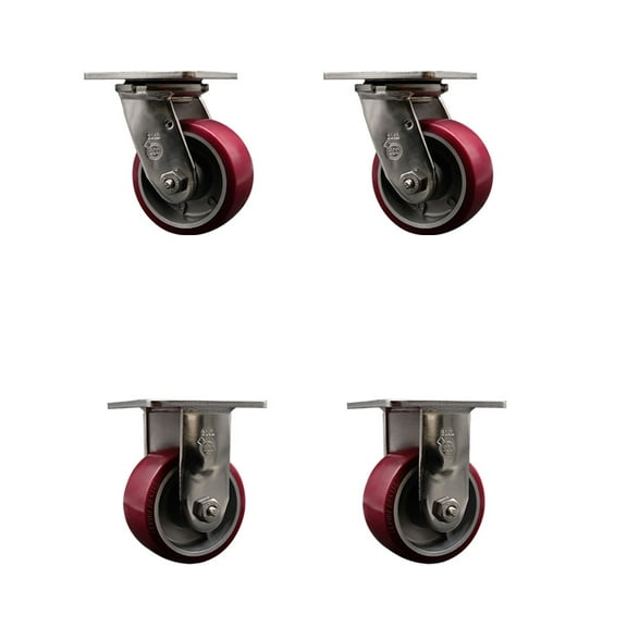 4 Inch 316SS Poly on Aluminum Caster Set w/Roller Bearings 2 Swivel 2 Rigid SCC