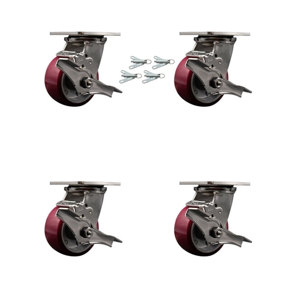 4 Inch 316SS Poly on Aluminum Caster Set with Delrin Bearings& Brake/Swivel Lock