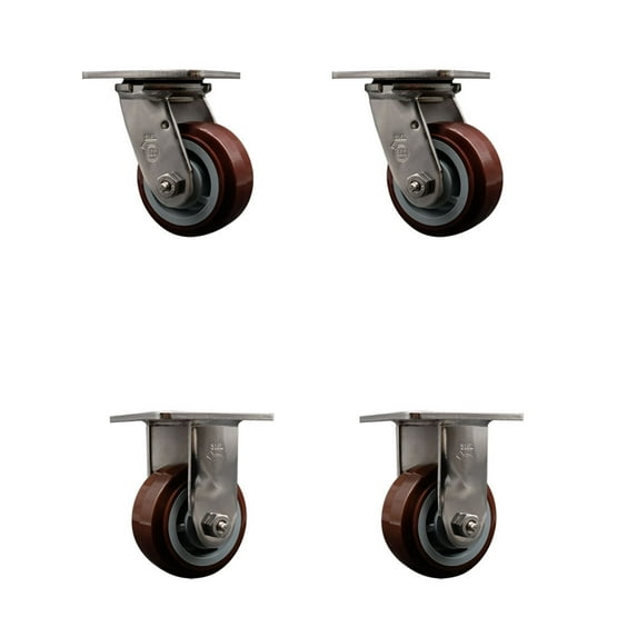 4 Inch 316SS Polyurethane Caster Set with Roller Bearings 2 Swivel 2 Rigid SCC