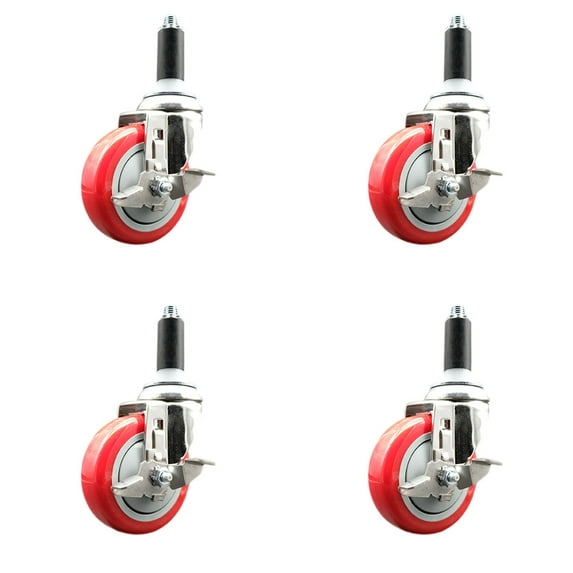 4 Inch 316SS Red Poly Swivel 1 Inch Expanding Stem Caster Set Brake SCC