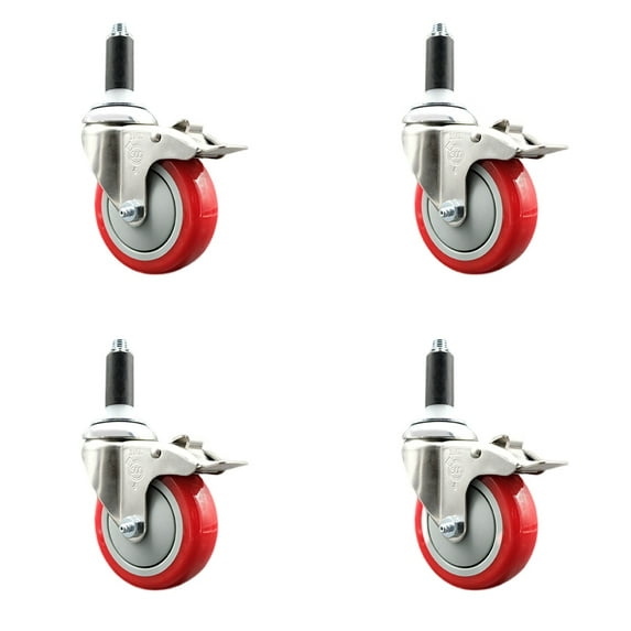 4 Inch 316SS Red Poly Swivel 1 Inch Expanding Stem Caster Set Lock Brake