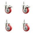 thumbnail image 1 of 4 Inch 316SS Red Polyurethane 3/8 Inch Threaded Stem Caster Set 2 Lock Brake, 1 of 2