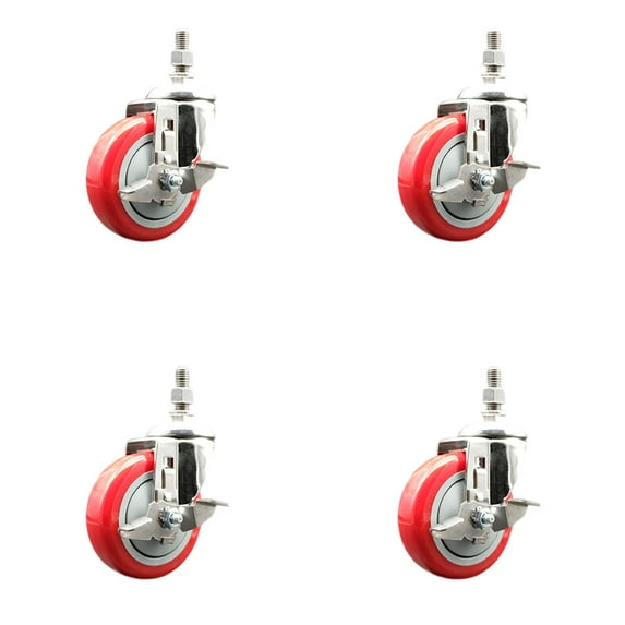 4 Inch 316SS Red Polyurethane Swivel ½ Inch Threaded Stem Caster Set Brake SCC